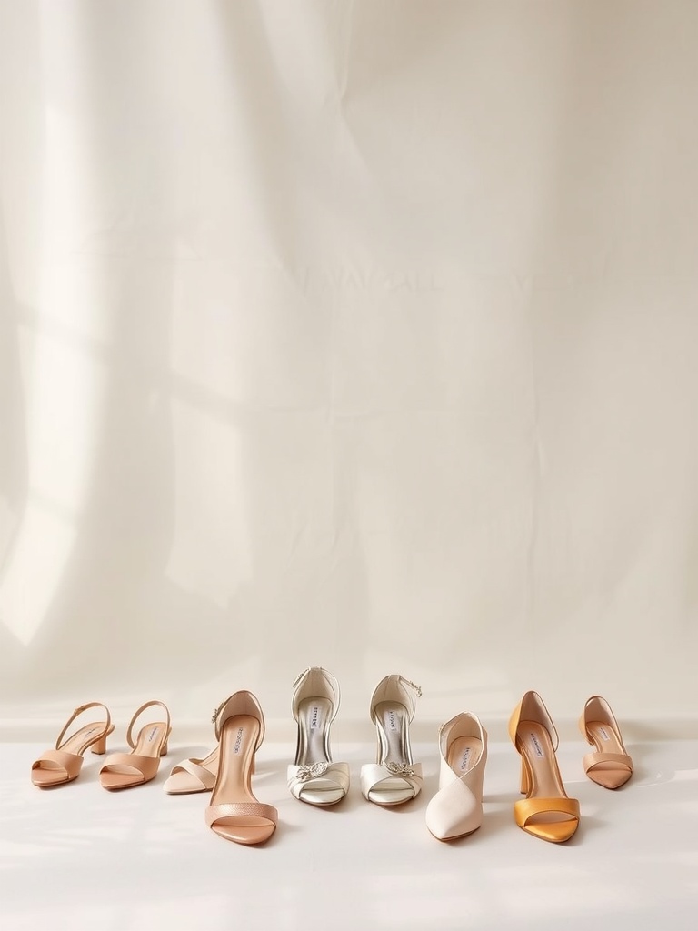 A selection of elegant wedding shoes in various styles and colors arranged on a light background.