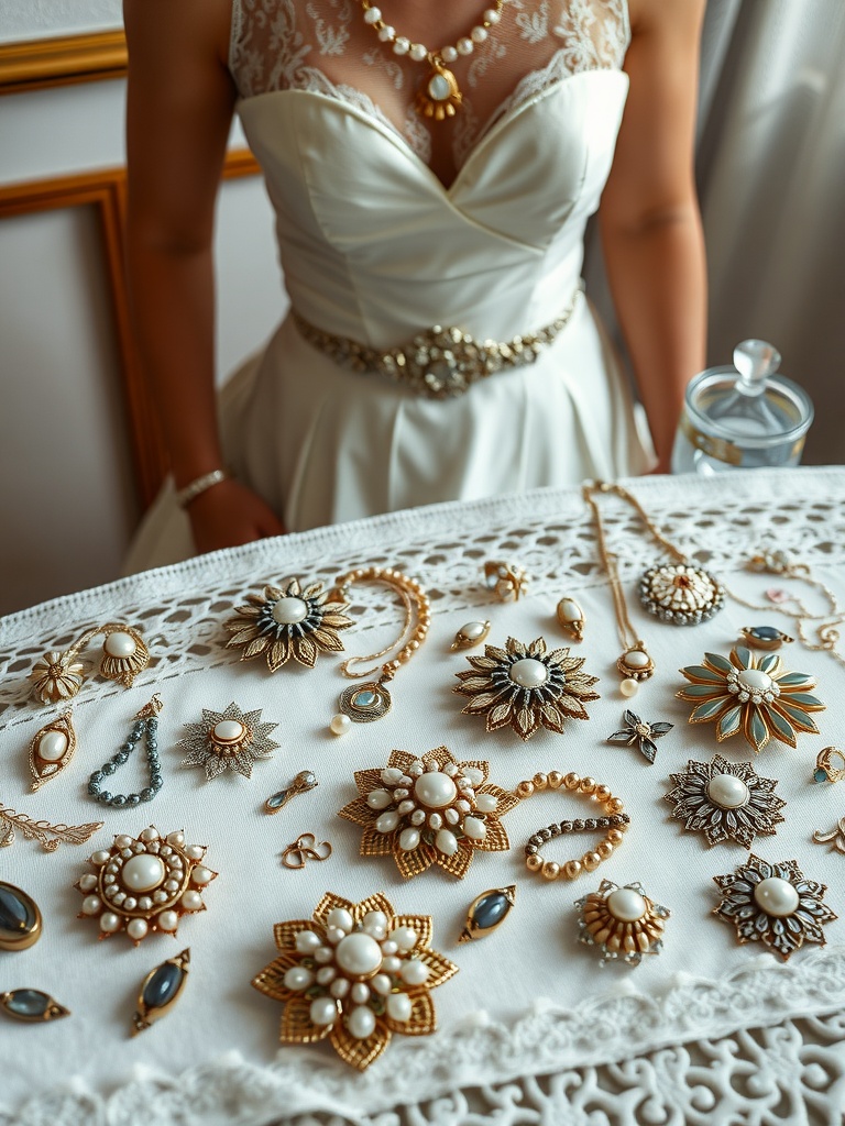 A selection of bridal brooches on a table with a bride in a vintage dress in the background.