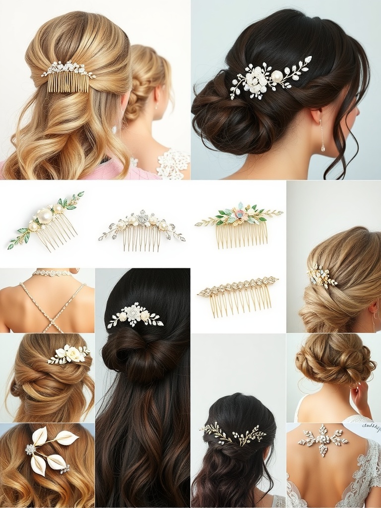 Various bridal hair accessories including pins, combs, and clips displayed in an elegant arrangement