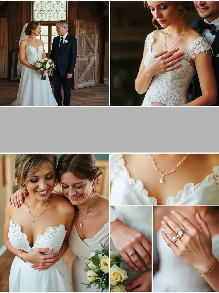A bride showcasing heirloom jewelry, including necklaces and rings, while in a beautiful wedding dress.