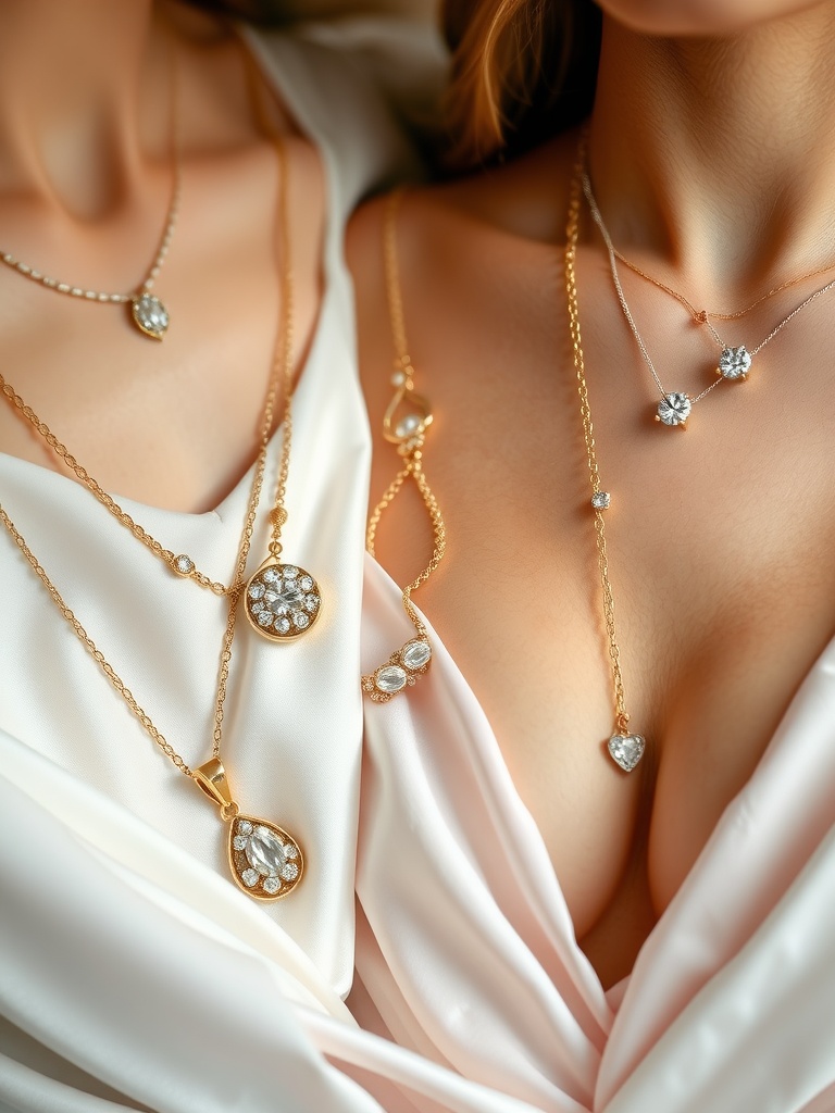 Different styles of bridal jewelry displayed on a soft fabric background, showcasing gold and silver necklaces.