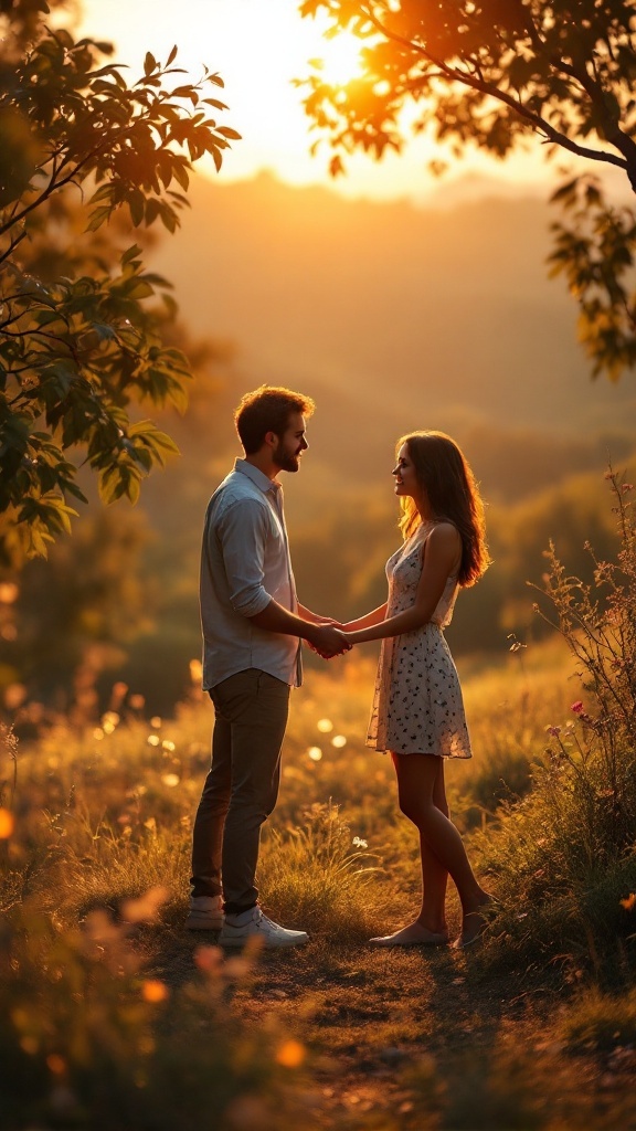 A couple holding hands at sunset in a natural setting, capturing intimate energy.