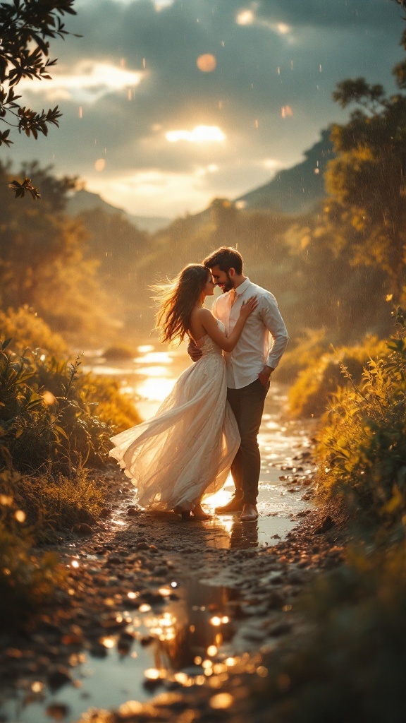 A couple embracing in a picturesque outdoor setting with sunlight and rain, capturing a romantic moment.