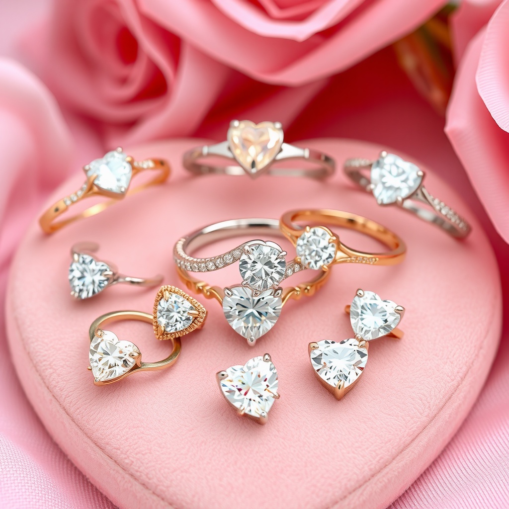 A collection of heart-shaped engagement rings displayed on a pink cushion surrounded by rose petals.