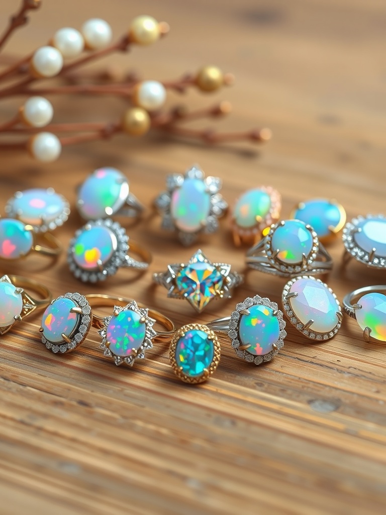 A collection of beautiful opal engagement rings displayed on a wooden surface.