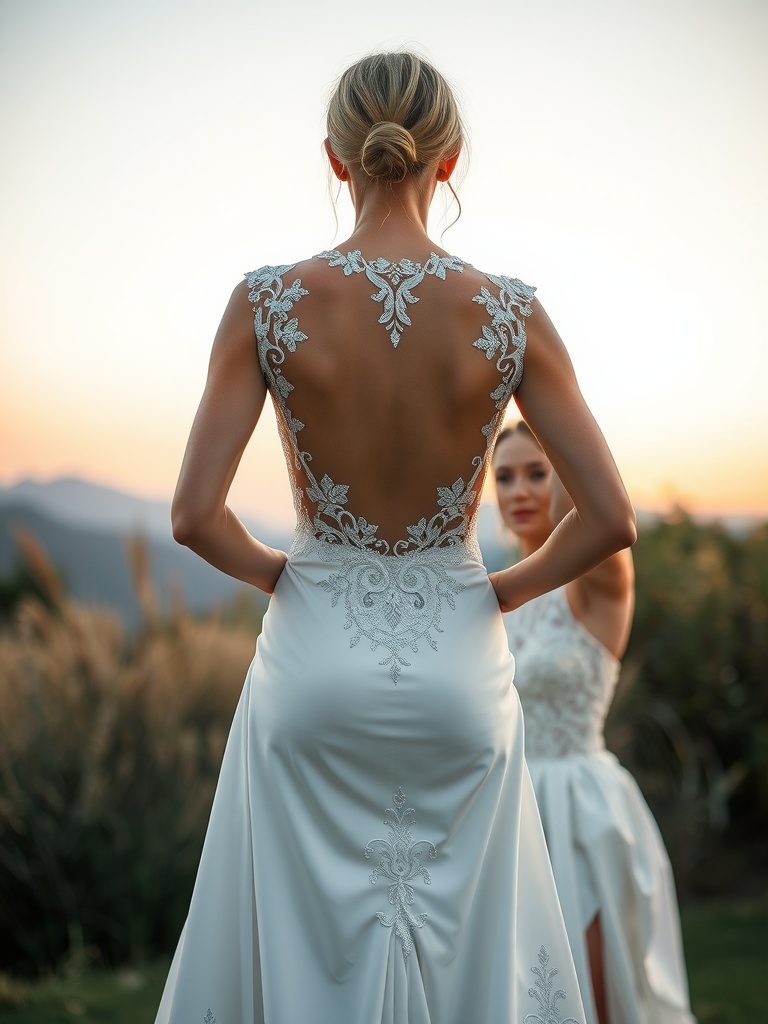 A bride wearing a backless wedding dress, showcasing elegant embroidery and a daring back design.