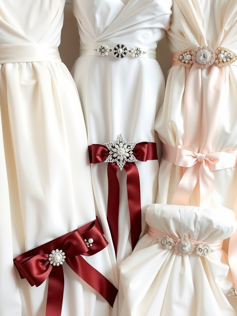 Various bridal belts and sashes displayed on wedding dresses, showcasing different materials and embellishments.