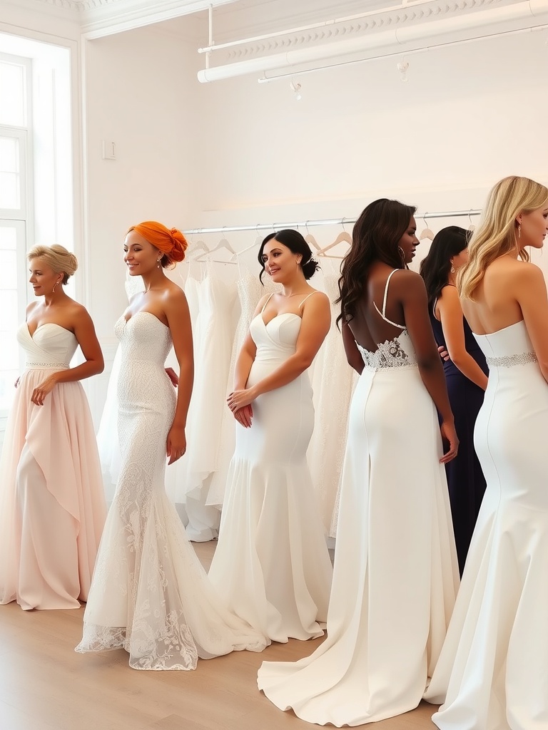 A group of women trying on column wedding dresses in varying styles and colors, showcasing a sleek and modern aesthetic.