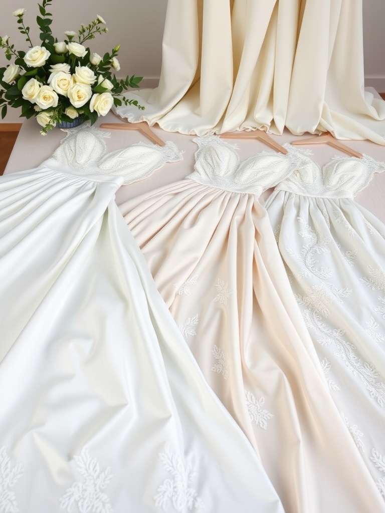 Three A-line wedding dresses in white, blush, and ivory fabrics displayed with a bouquet of roses.