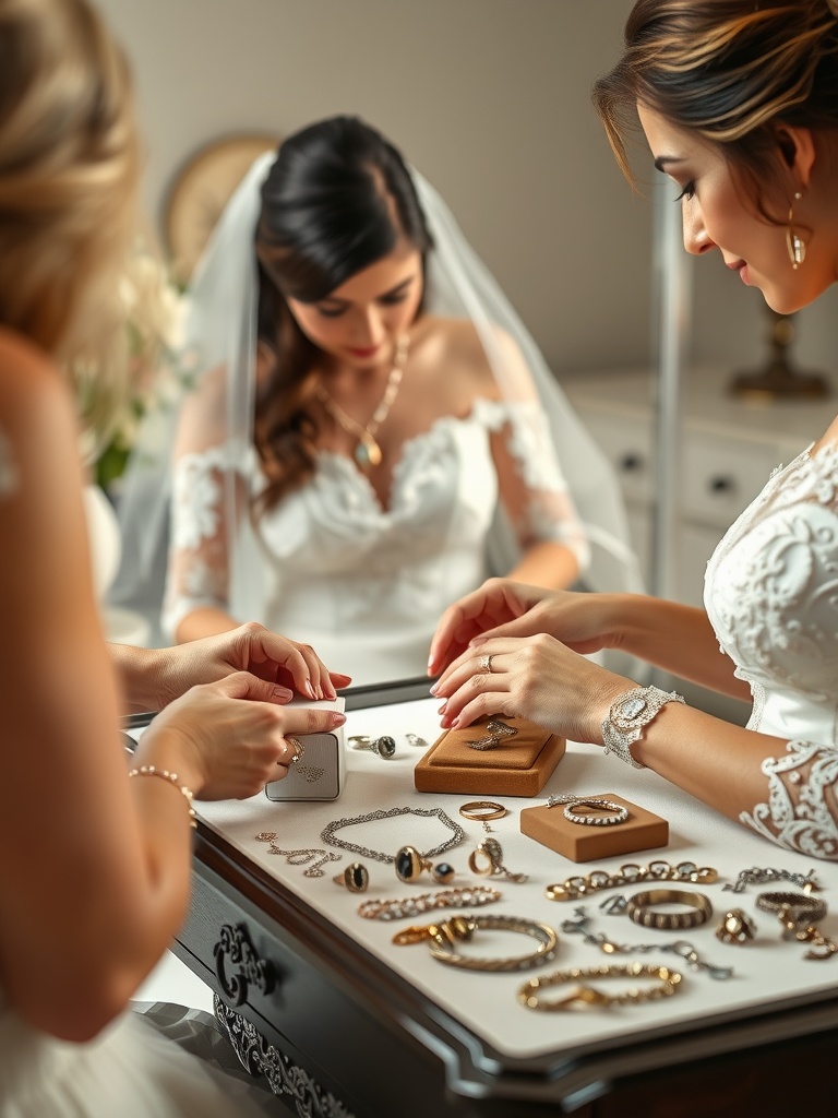 Bridesmaids selecting heirloom jewelry pieces together for a wedding.