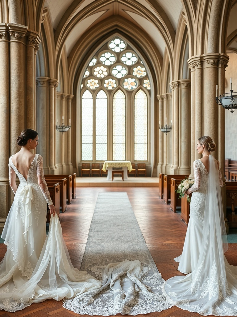 Two brides in elegant lace wedding dresses in a grand church setting.