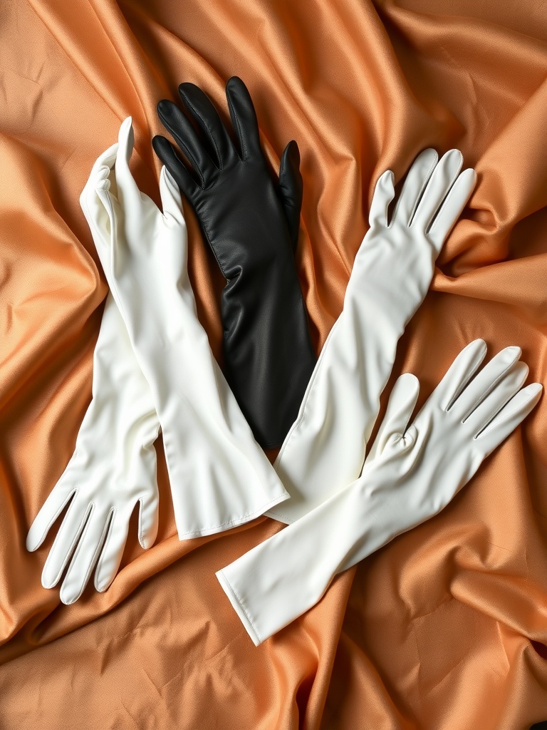 An assortment of bridal gloves displayed on a soft background, featuring various lengths and styles, including lace and satin options.