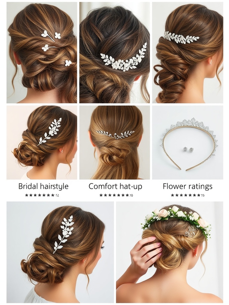 A collection of bridal hairstyles featuring various hair accessories, including pins, combs, and floral crowns.