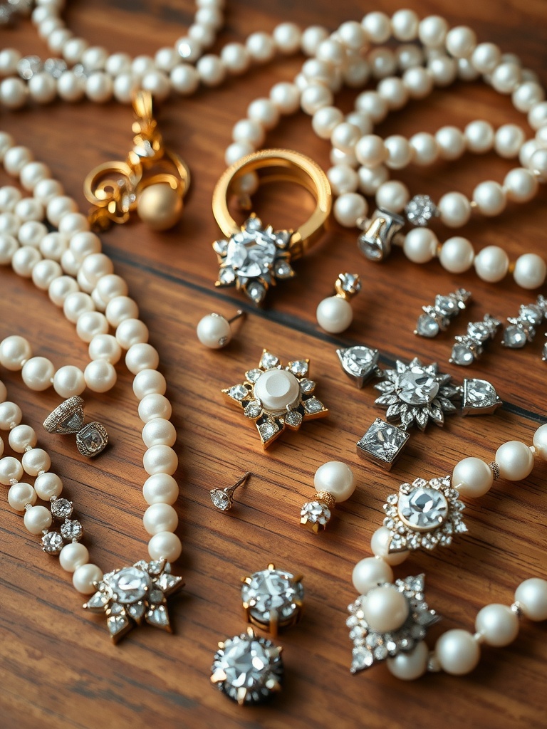 A collection of elegant pearl and diamond bridal jewelry laid out on a wooden surface.