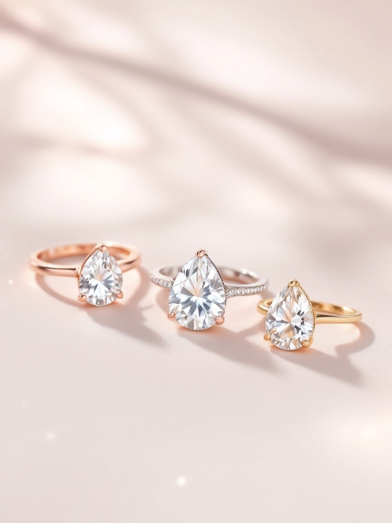 Three elegant pear-shaped engagement rings in different metals: rose gold, white gold, and yellow gold, showcasing the unique teardrop design.