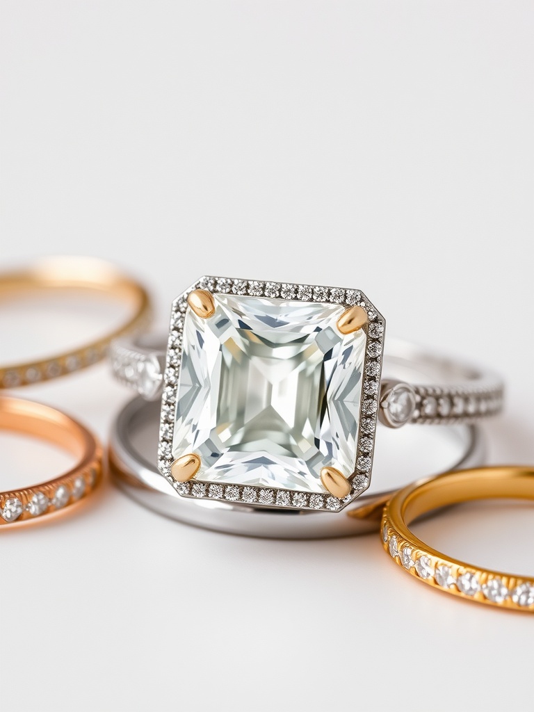 A collection of engagement rings featuring a prominent cushion cut diamond, with different metal bands including white gold, yellow gold, and rose gold.