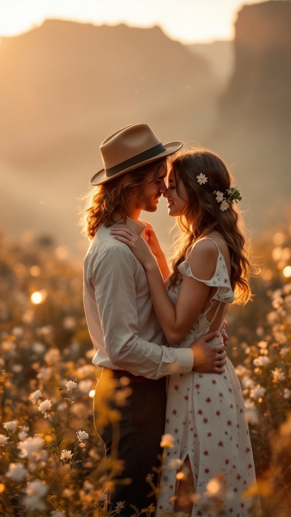 A couple embracing in a field during sunset, surrounded by flowers, symbolizing love and intimacy.