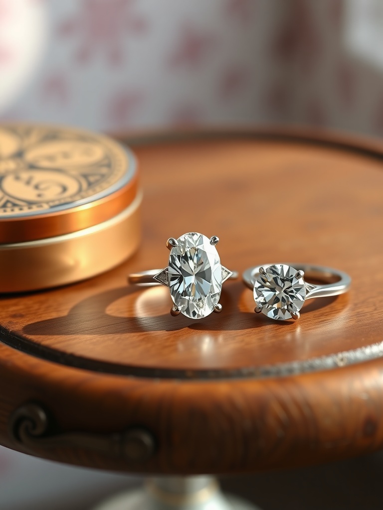 An oval engagement ring alongside a round engagement ring on a wooden table.