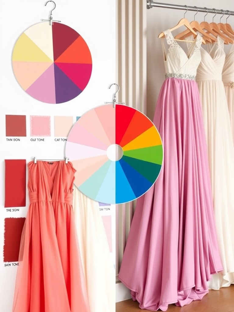 A display of various colored wedding dresses and fabric swatches for choosing shades.