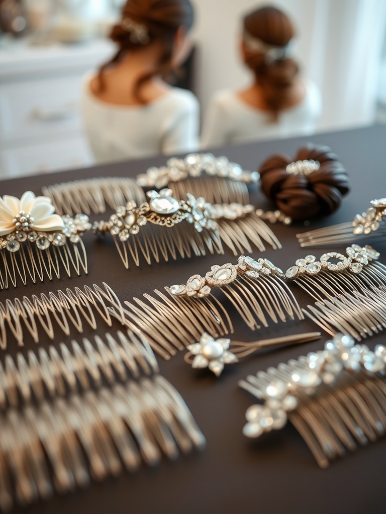 A collection of decorative hair combs displayed on a table, featuring various designs and sizes, with two women in the background showcasing their hairstyles.