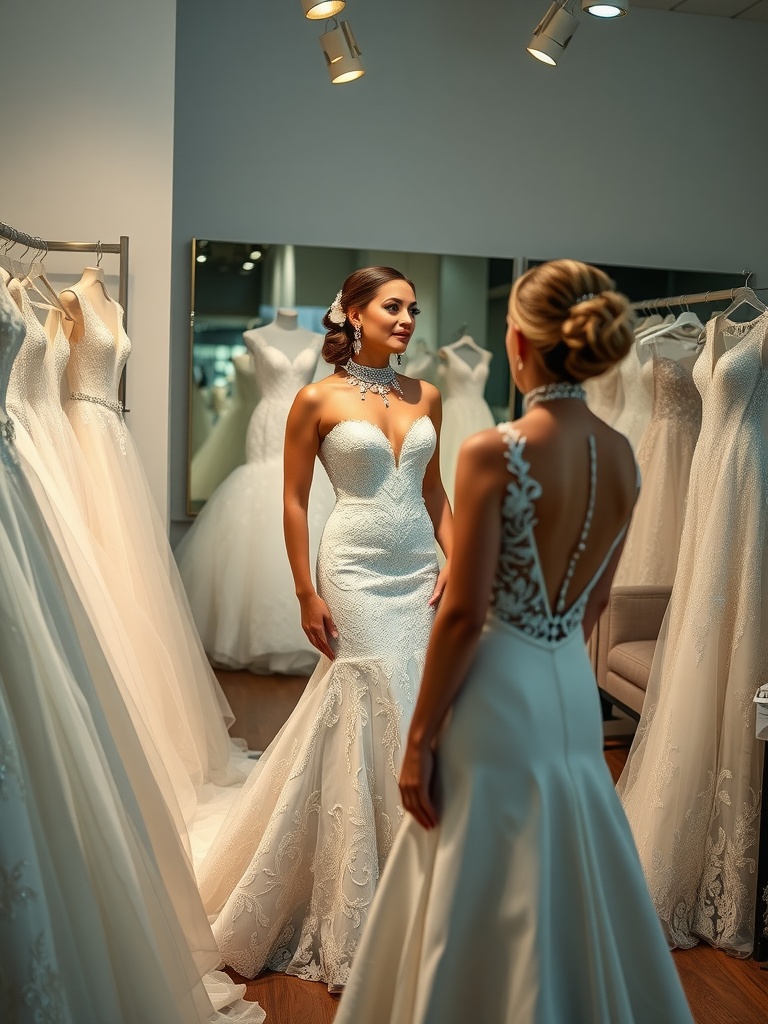 Two brides in a fitting room, trying on elegant wedding dresses and showcasing bold accessories.