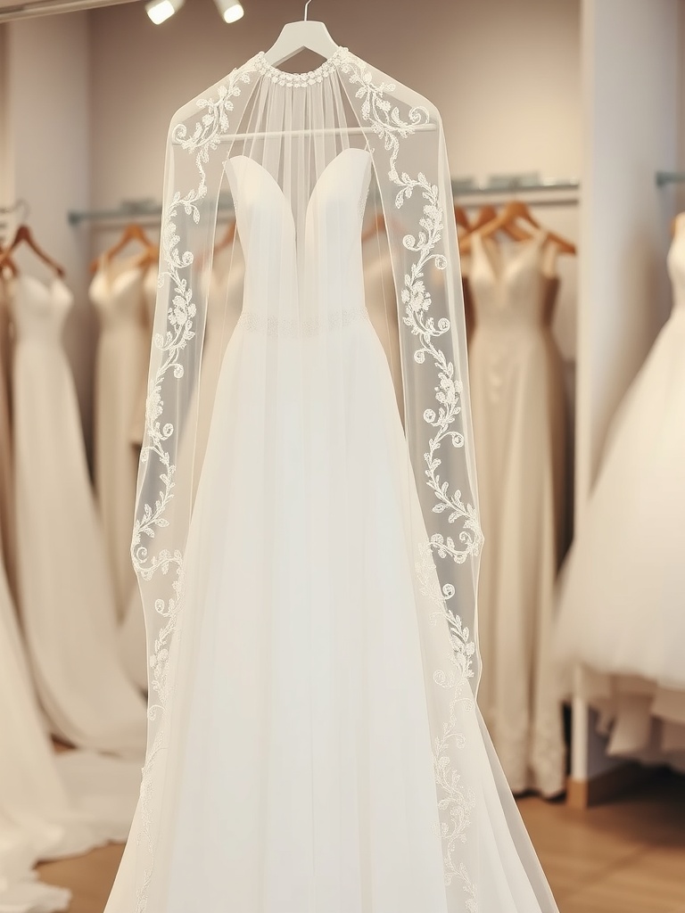 An embroidered bridal veil displayed over a wedding gown, showcasing intricate lace and elegant design.