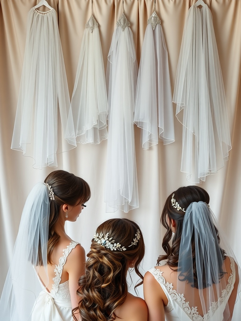 Different lengths of bridal veils hanging beside two brides wearing hair accessories