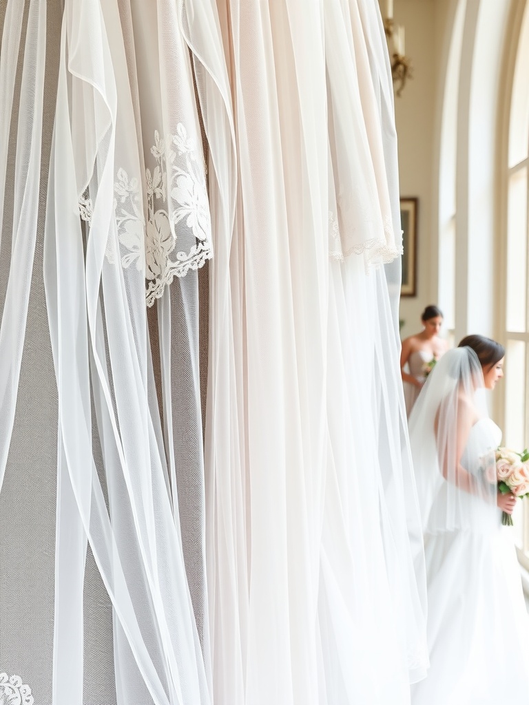 A collection of bridal veils hanging, showcasing various materials and styles, with a bride in the background.