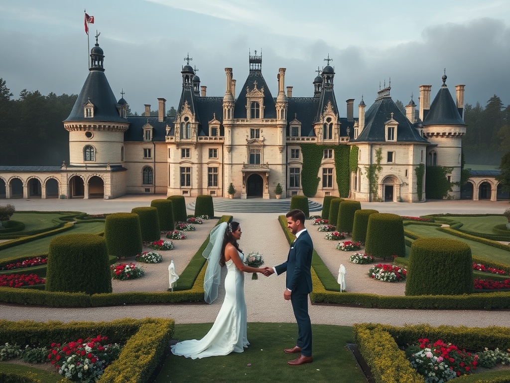 Couple exchanging vows at Château de Chambord, France