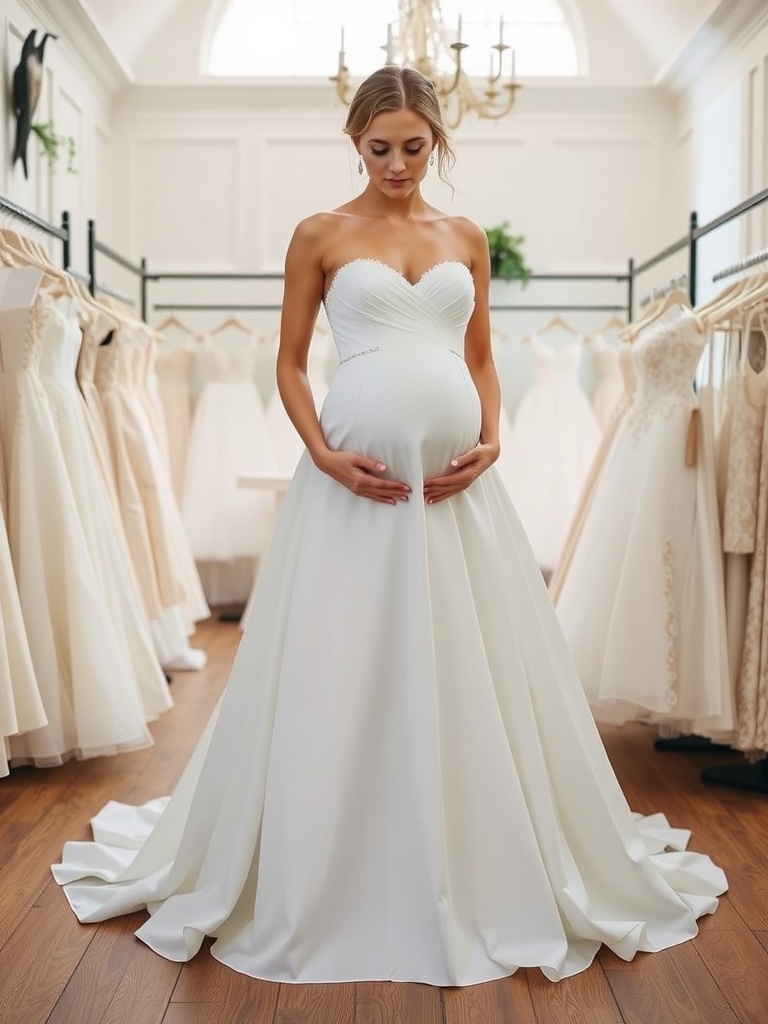 A pregnant bride trying on a classic ball gown in a bridal shop