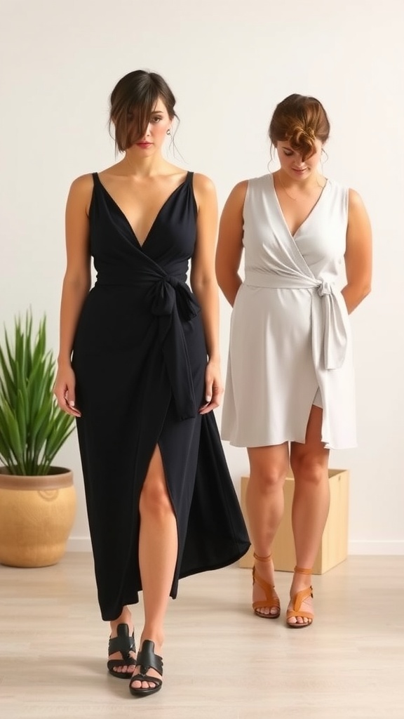 Two women modeling summer dresses, one in a classic black dress and the other in a light gray dress.