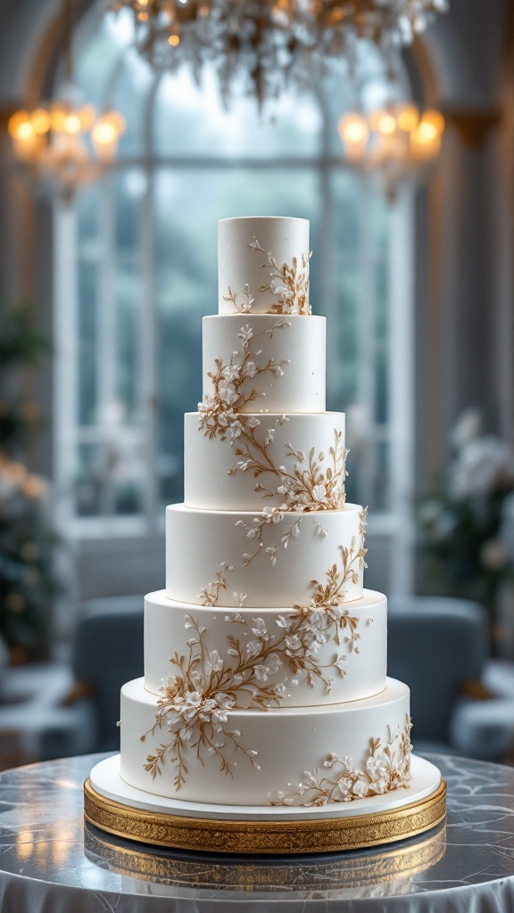 A luxurious multi-tiered wedding cake with a classic buttercream finish and delicate floral designs.