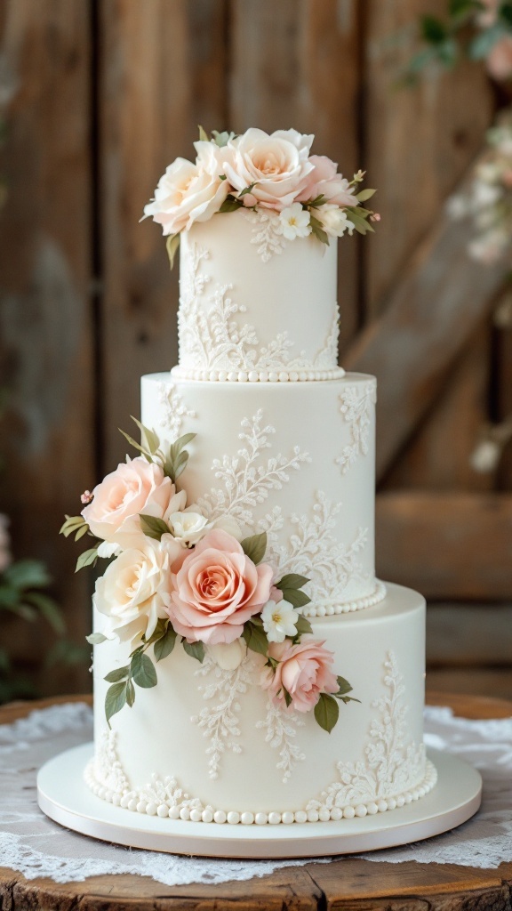 A three-tier vintage wedding cake decorated with floral designs and intricate details.
