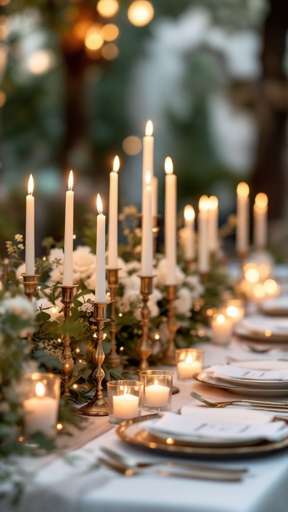 A beautifully decorated wedding table with tall candles, golden holders, and floral arrangements, creating a warm and romantic atmosphere.
