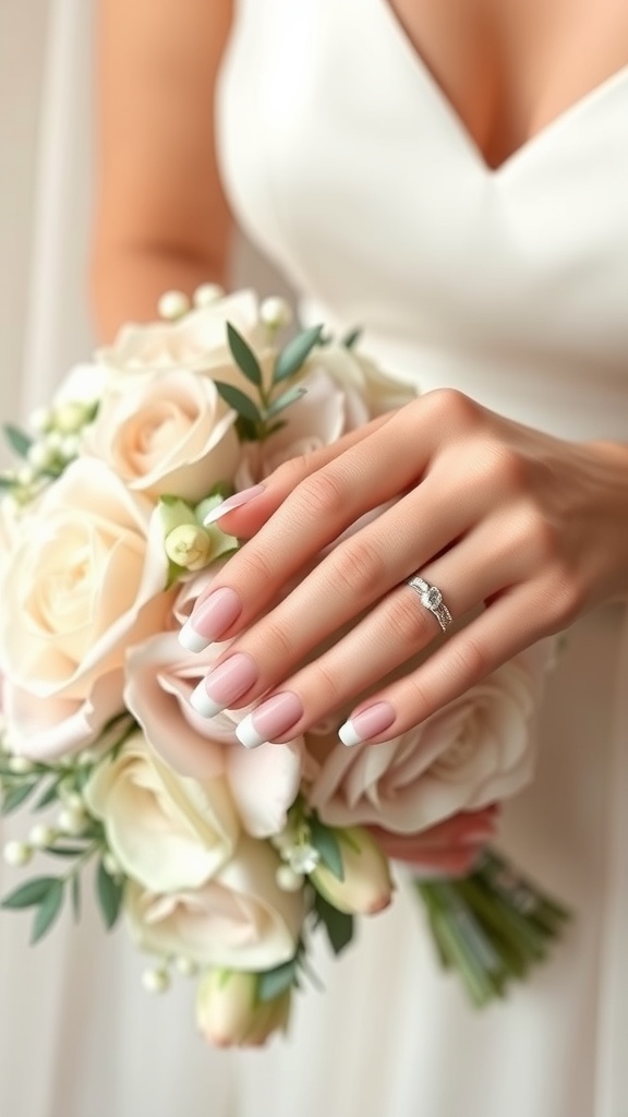 A close-up of a bride's hand holding a bouquet, showcasing neutral wedding nails with classic French tips.