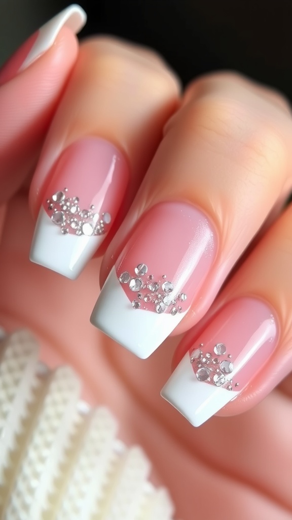 Elegant nails featuring a modern French tip design with a nude gradient base and white tips, complemented by a pearl ring and floral bouquet.