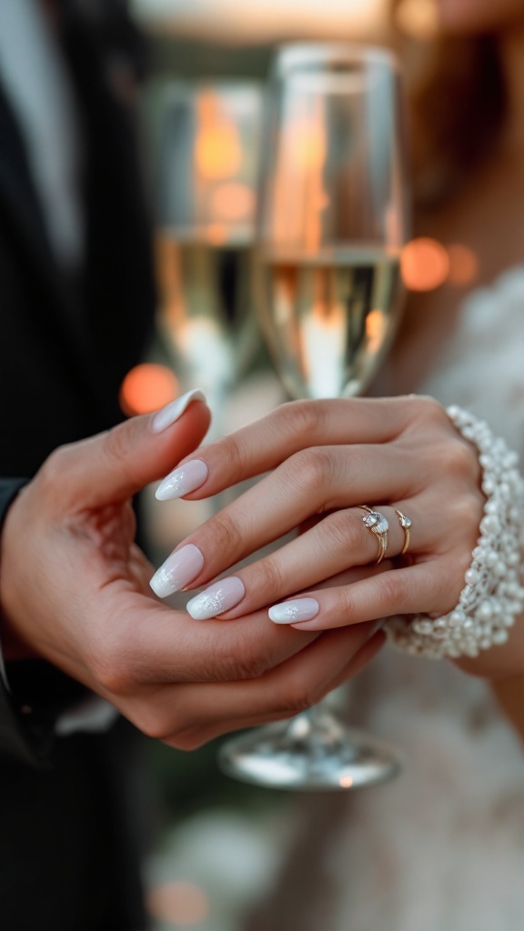 A close-up of elegantly manicured hands with classic French tip nails, holding champagne glasses during a proposal, featuring sparkling engagement rings.