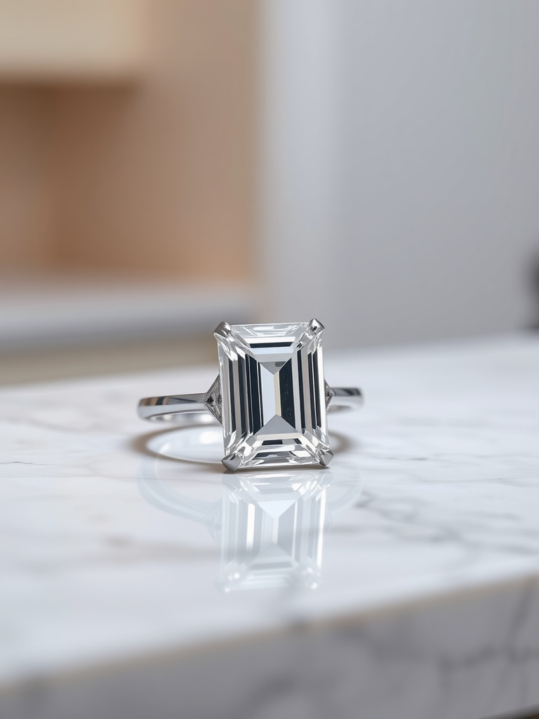 Classic platinum emerald cut engagement ring with a clear diamond