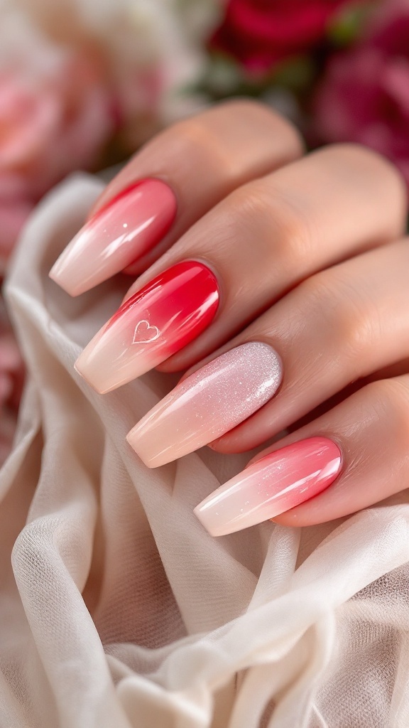 Ombre wedding nails transitioning from red to nude with a heart design.