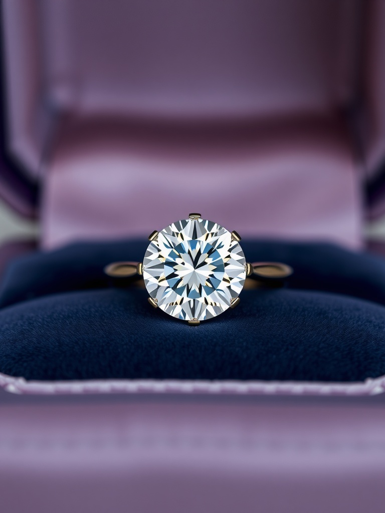 A classic round brilliant cut diamond engagement ring in a jewelry box.