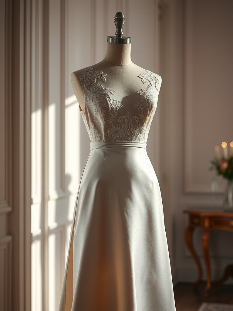 Elegant silk wedding dress on a mannequin with lace detailing in soft lighting