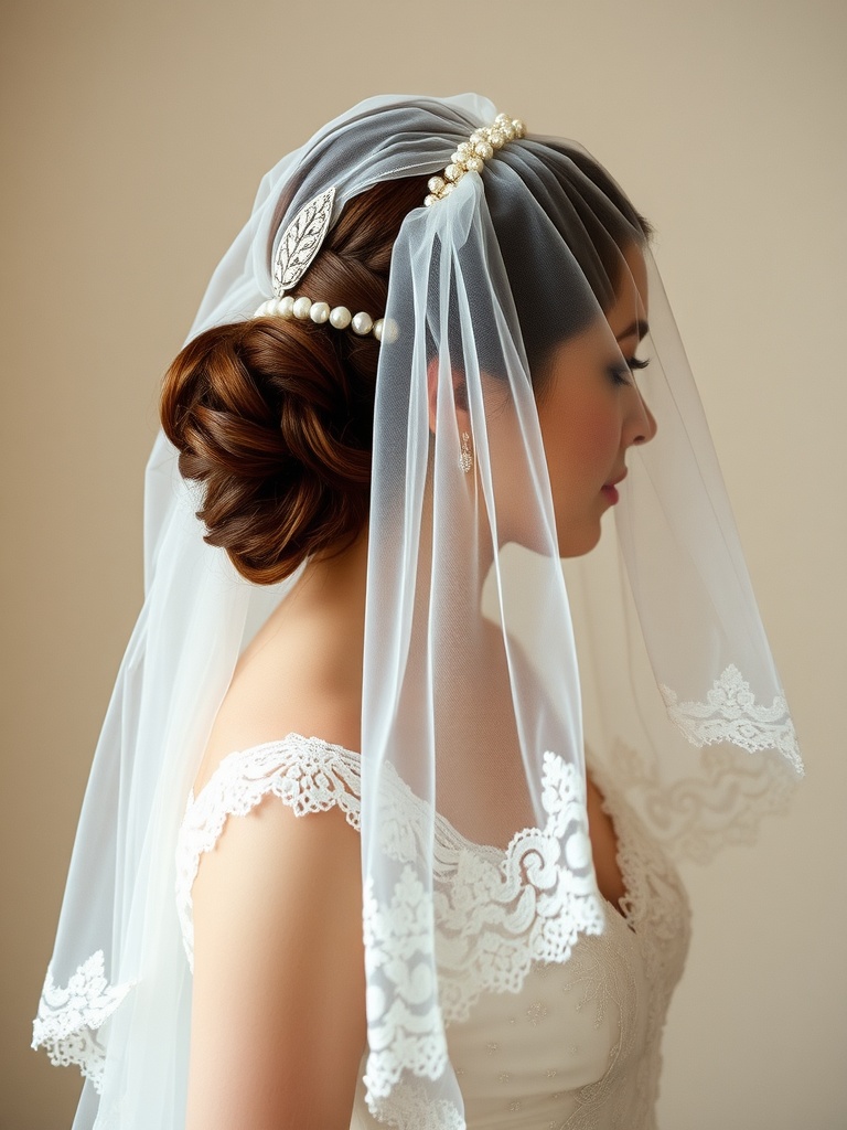 Bride with a lace-edged veil and vintage hair accessories