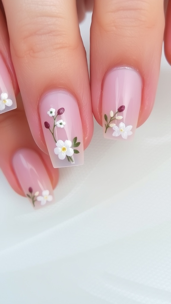 A close-up of a bride's hand with neutral wedding nails featuring floral art, holding a bouquet.