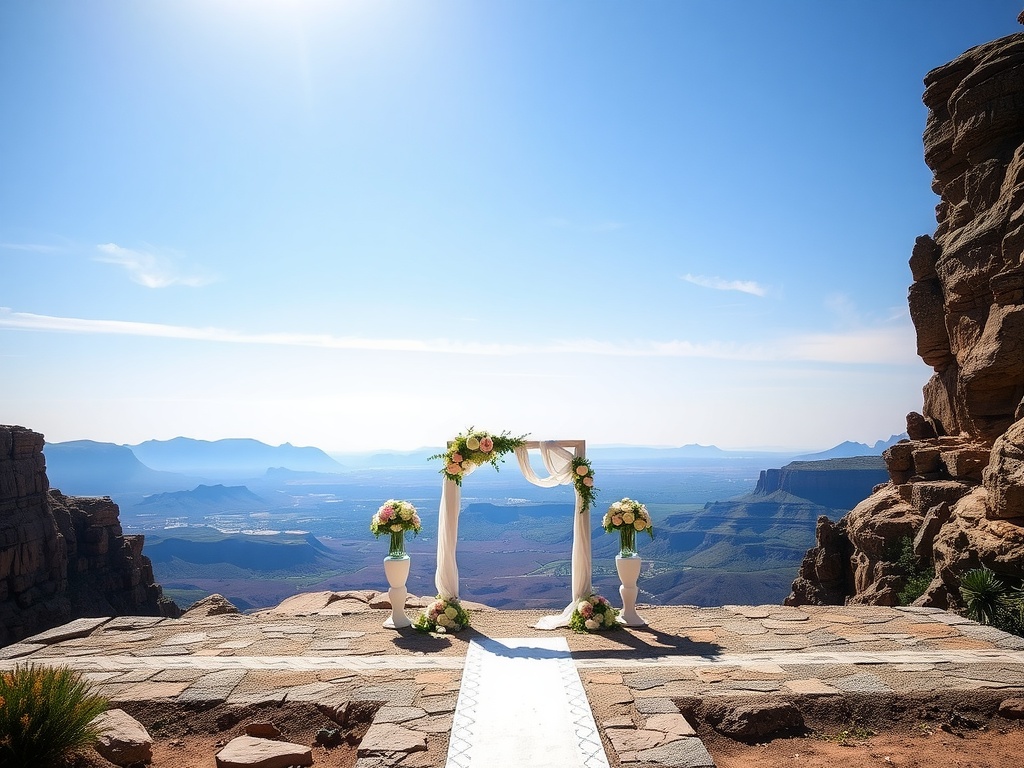 A beautiful cliffside wedding setup with flowers and decorations overlooking a mountainous landscape.