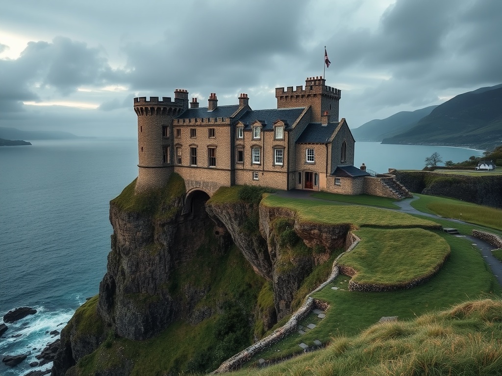 A clifftop castle in Scotland overlooking the sea.