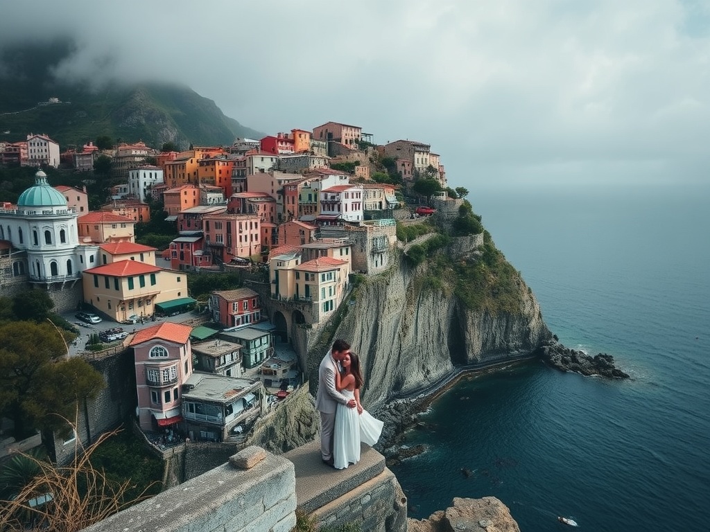 A couple embracing on a clifftop in Cinque Terre, Italy, with colorful buildings and the sea in the background.