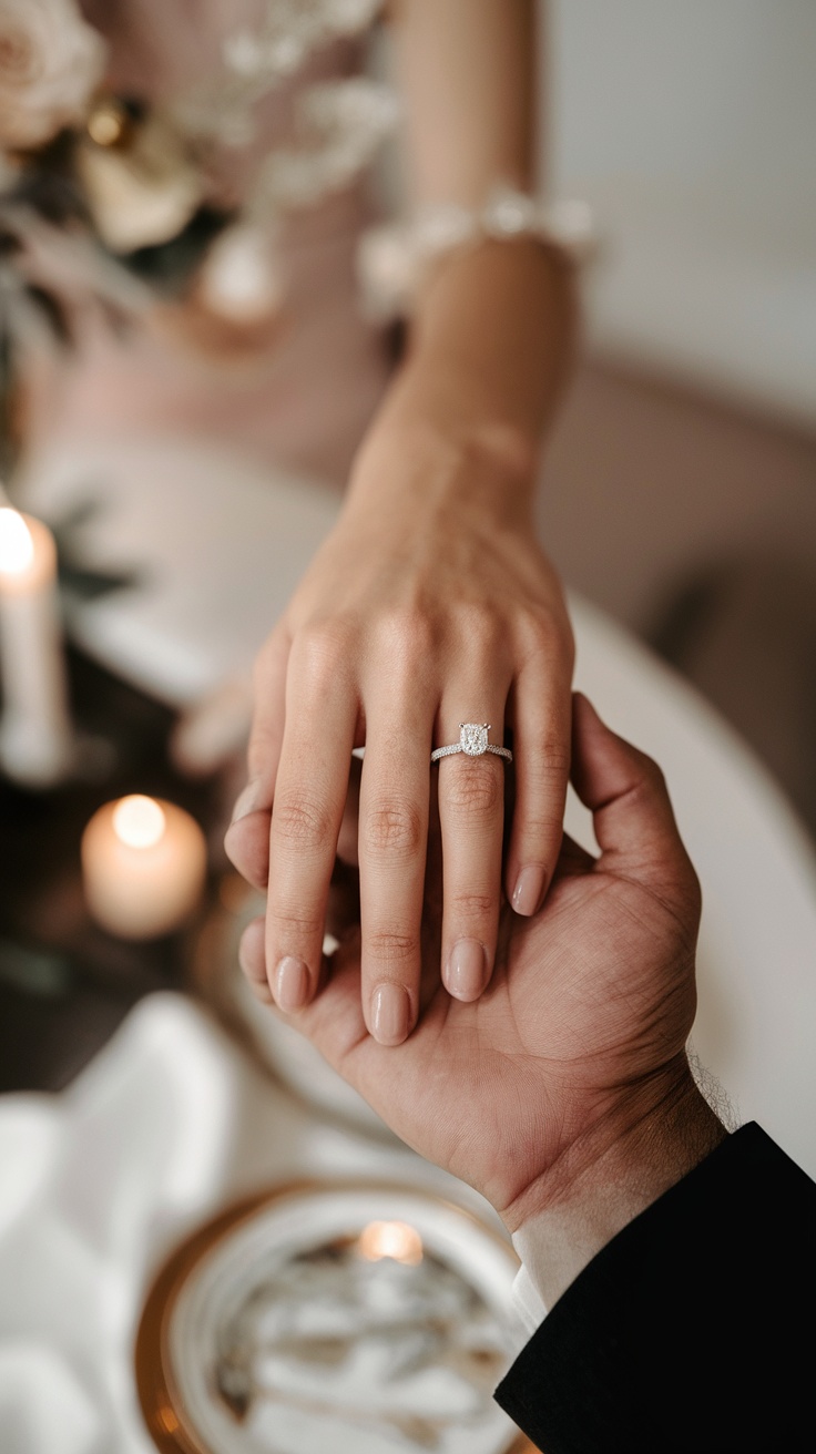 Close-up of couple's hands with engagement ring, showcasing romance and elegance