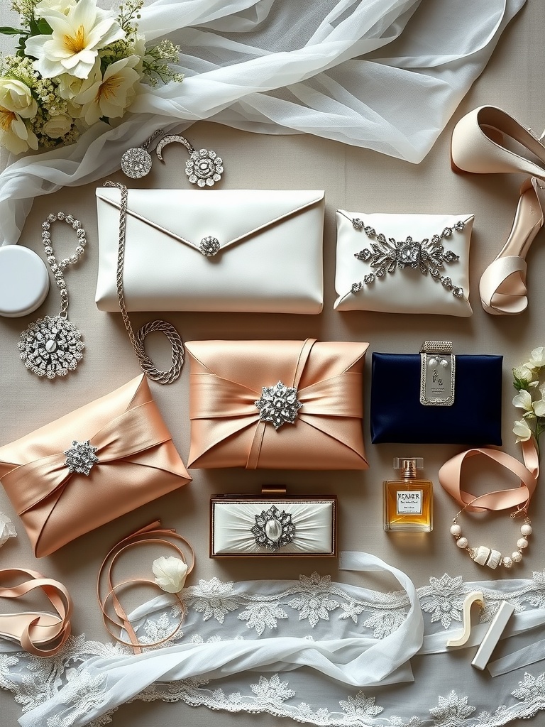 A collection of elegant bridal clutches and bags displayed with accessories and flowers.