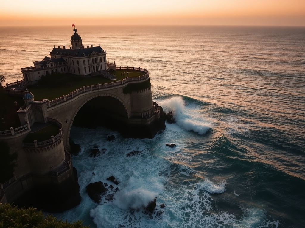 A coastal wedding venue on a clifftop overlooking the ocean at sunset.