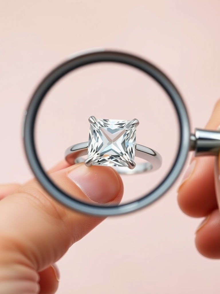 A close-up view of a princess cut engagement ring being held up for examination.